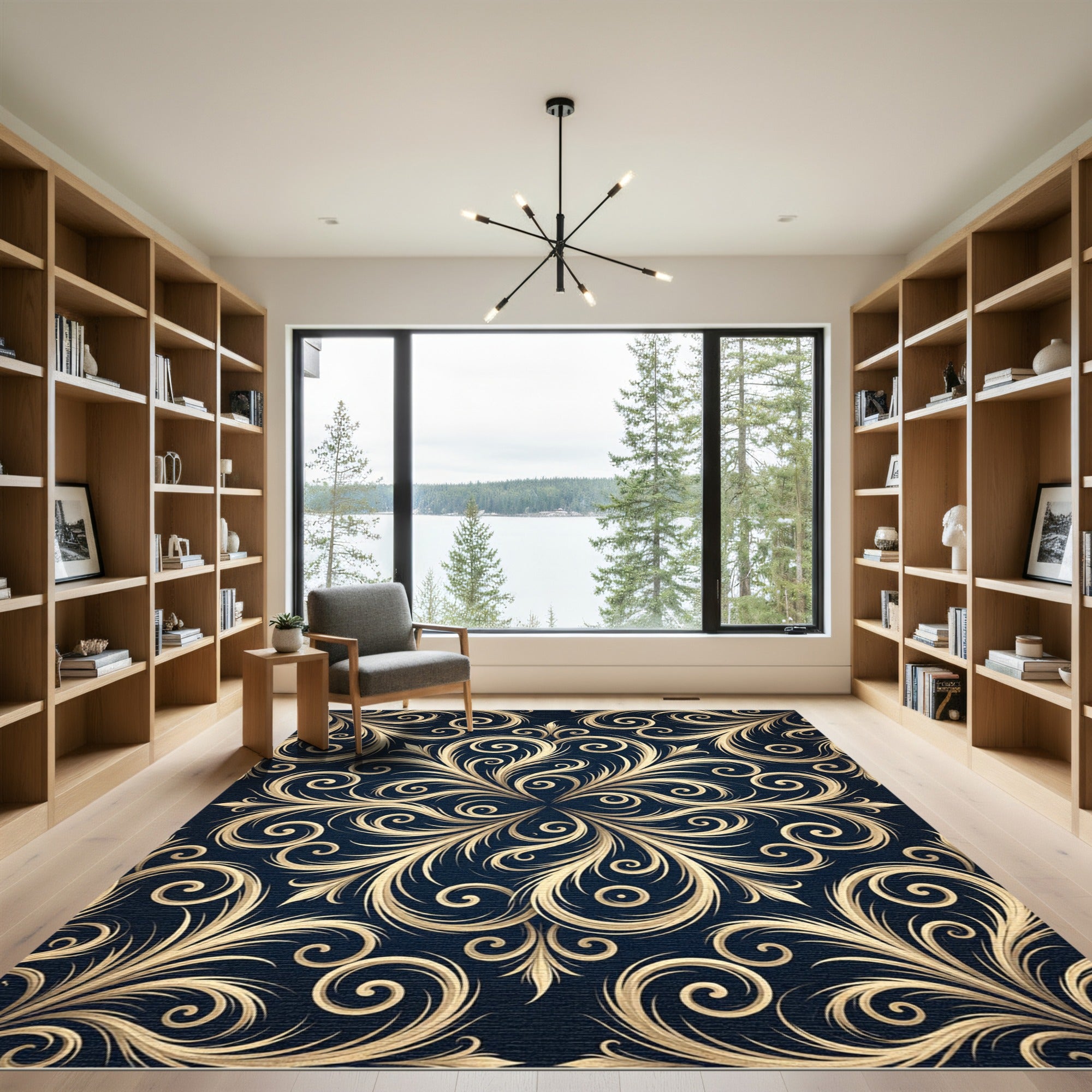 Elegant Golden Scrollwork Navy Medallion Rug