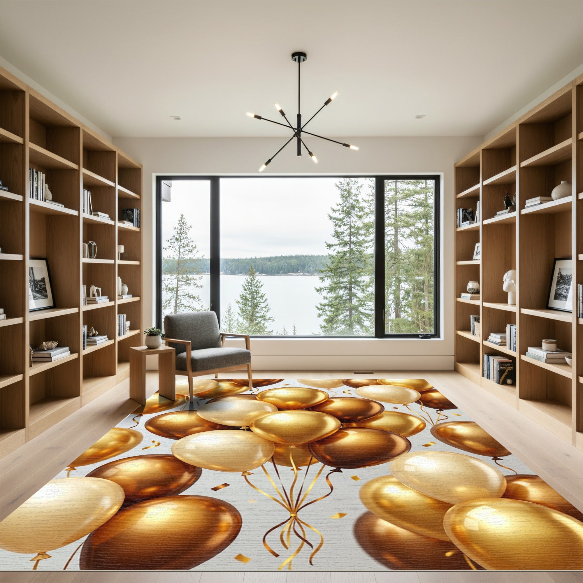 Floating Golden Metallic Festive Balloons Rug