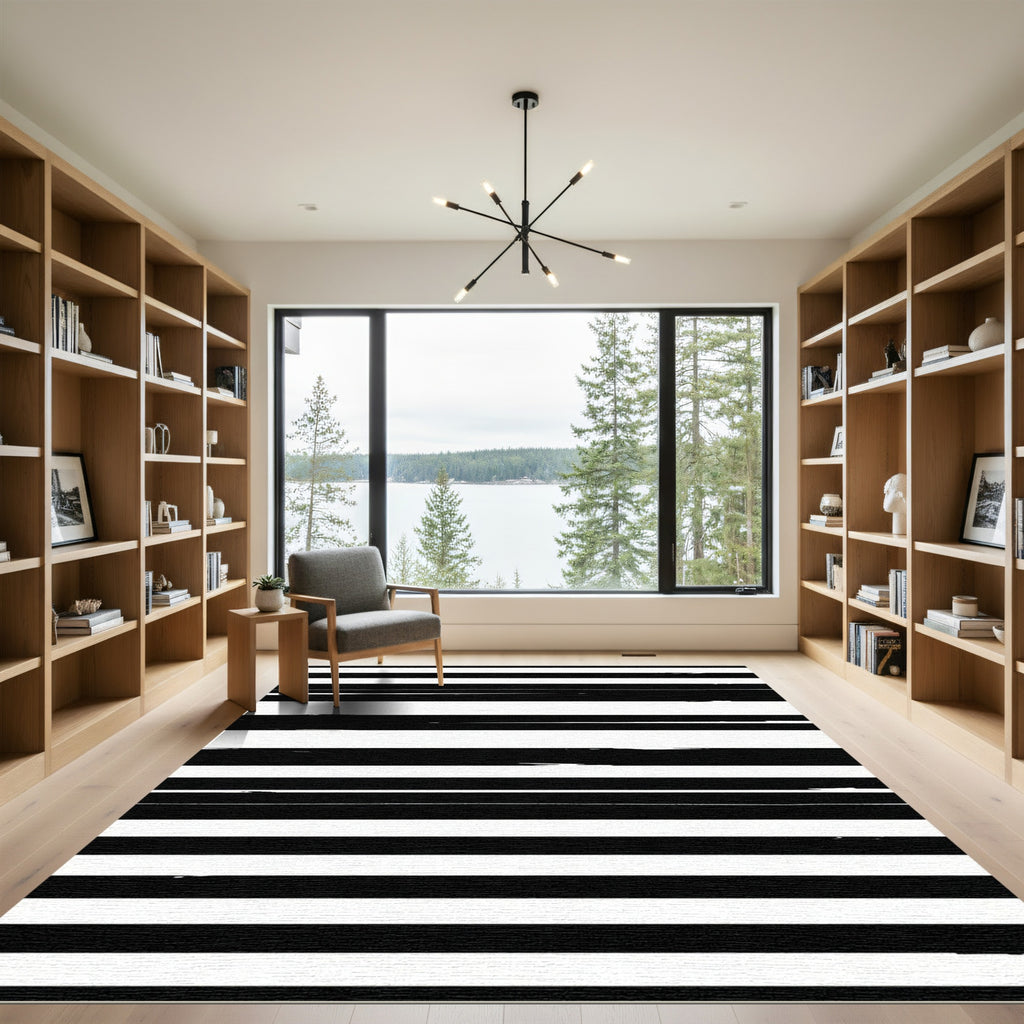 Bold Black White Brushstroke Stripes Rug