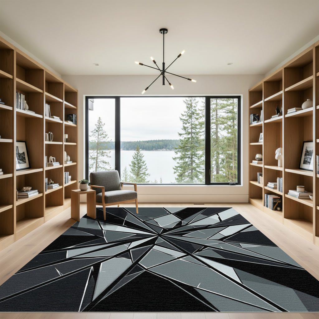 Monochrome Geometric Shattered Glass Abstract Rug