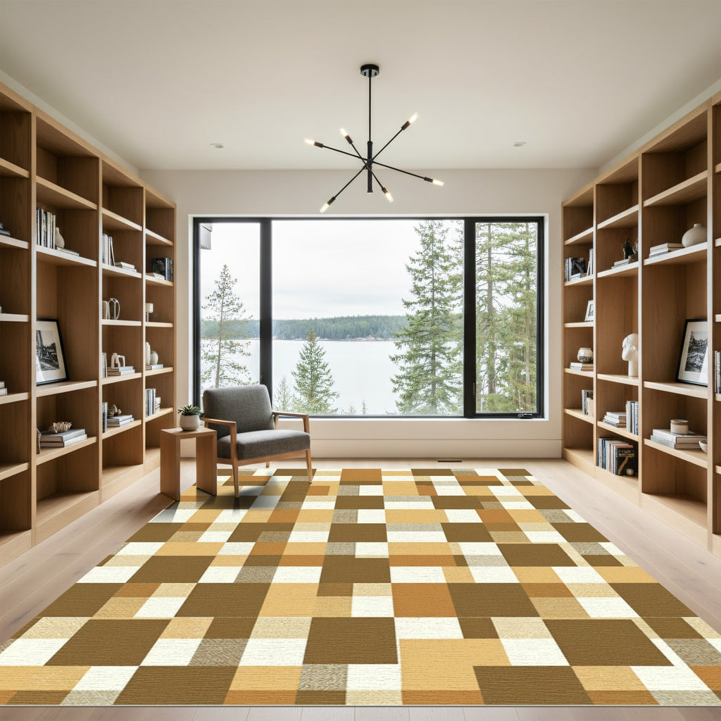 Earthy Toned Geometric Block Grid Rug