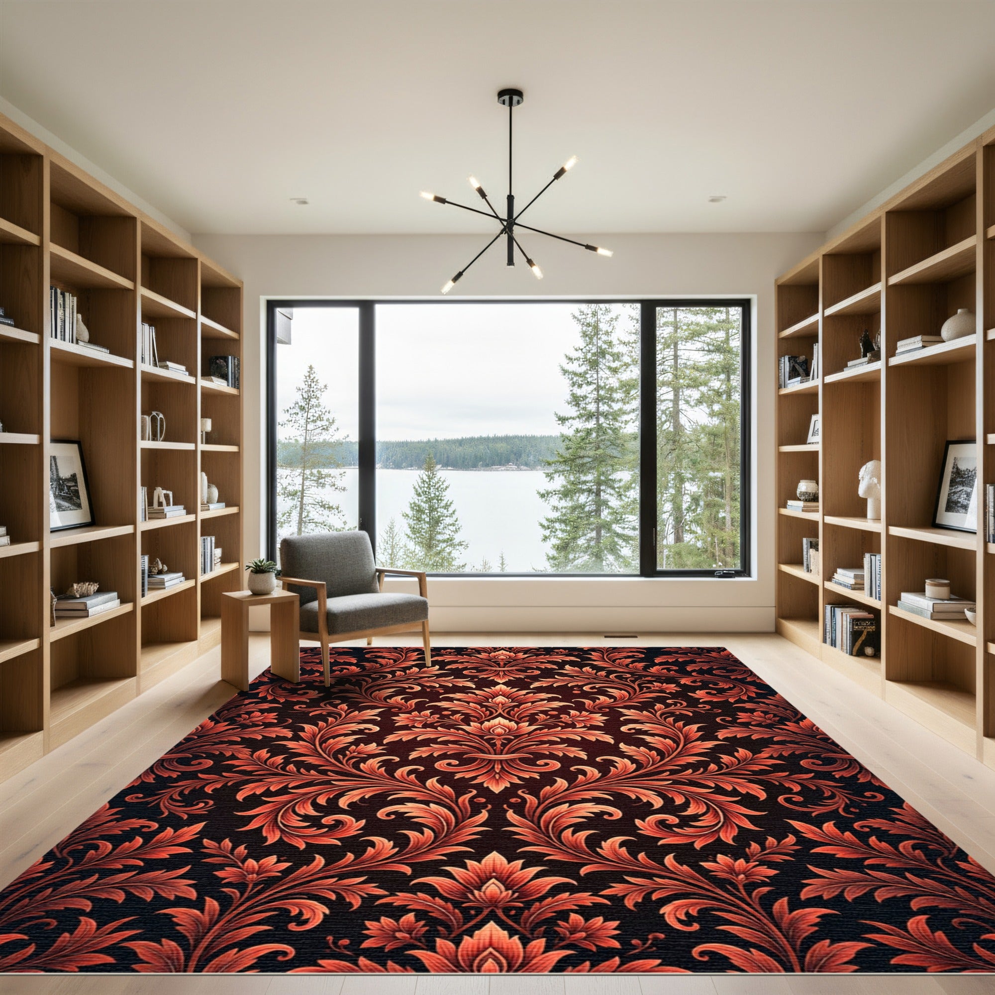 Rich Orange Damask Scrollwork Aubergine Rug