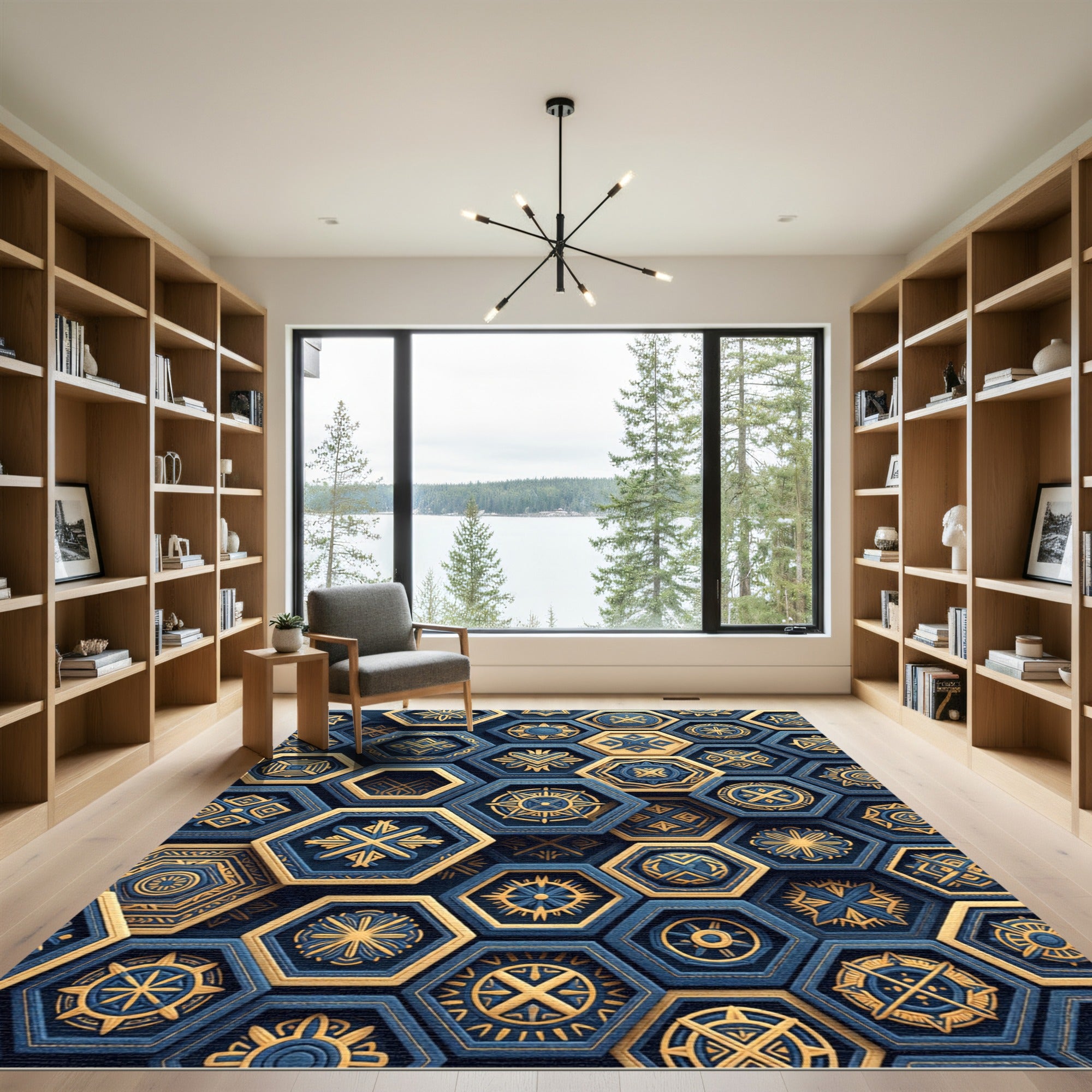 Navy Gold Geometric Hexagonal Medallion Rug