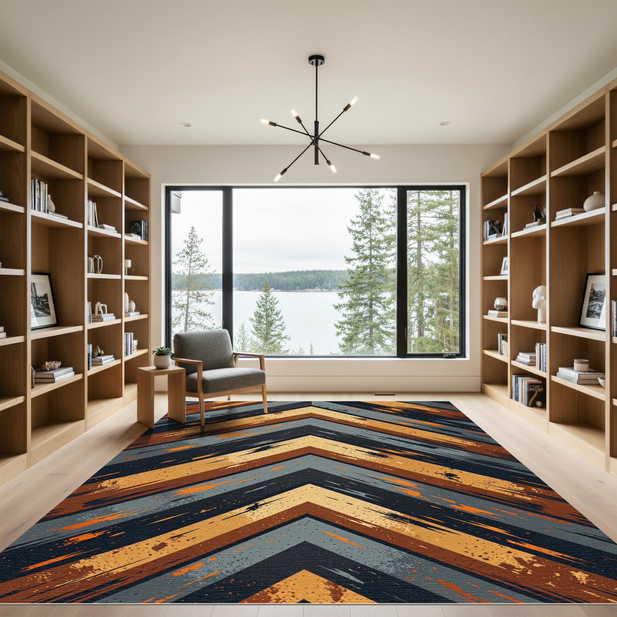Modern Industrial Chevron Abstract Charcoal Ochre Rug