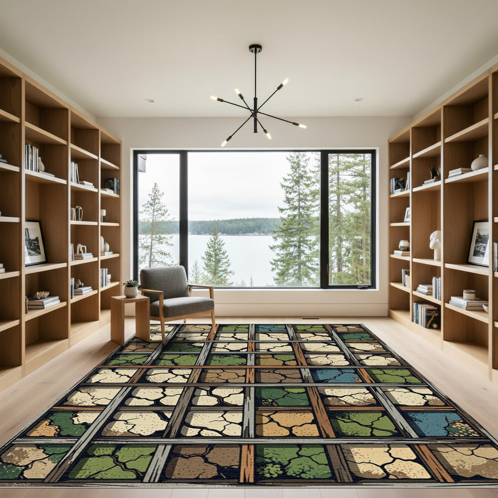Cracked Earth Tiles In Wood Grid Rug