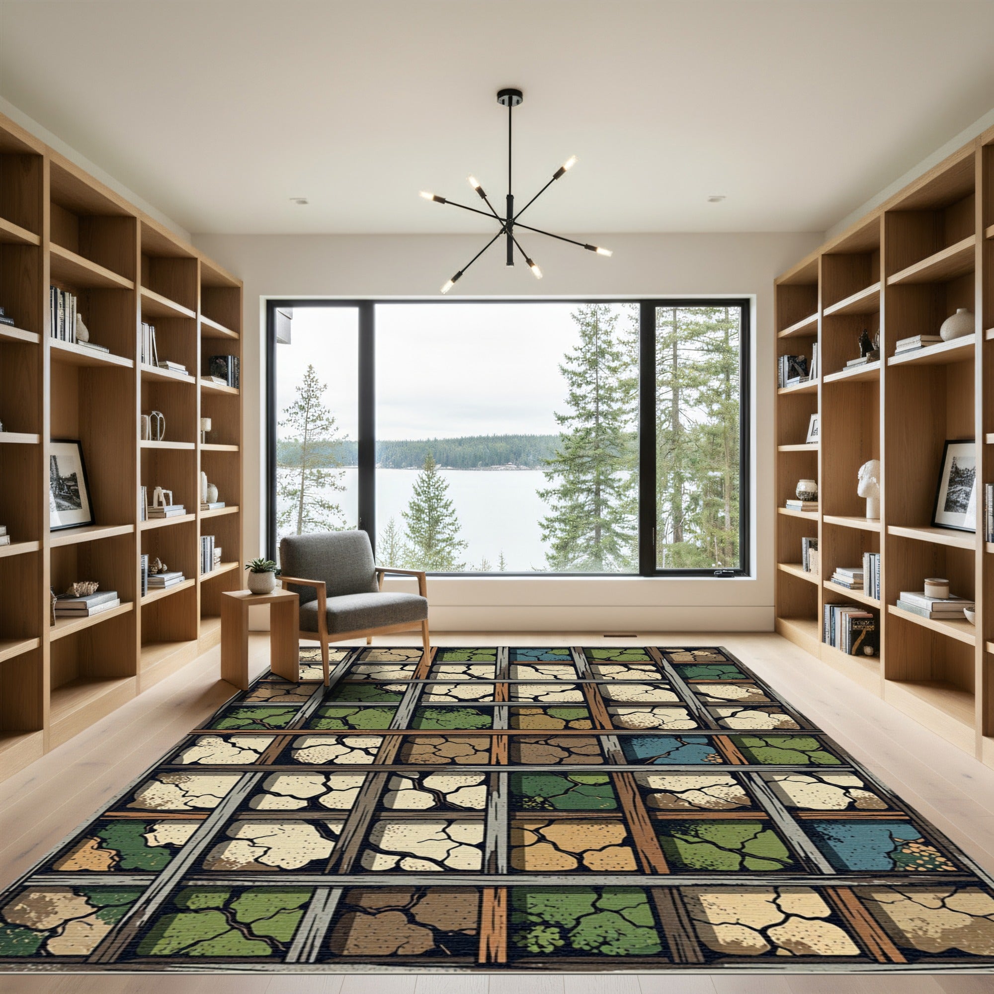 Cracked Earth Tiles In Wood Grid Rug