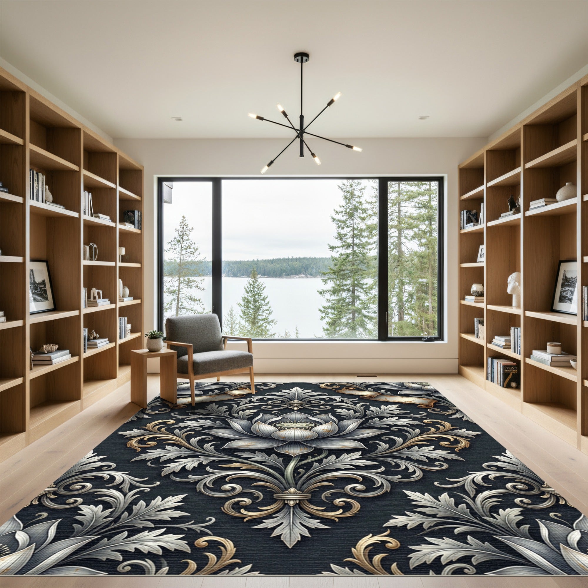 Elegant Silver Lotus Damask Scrollwork Rug