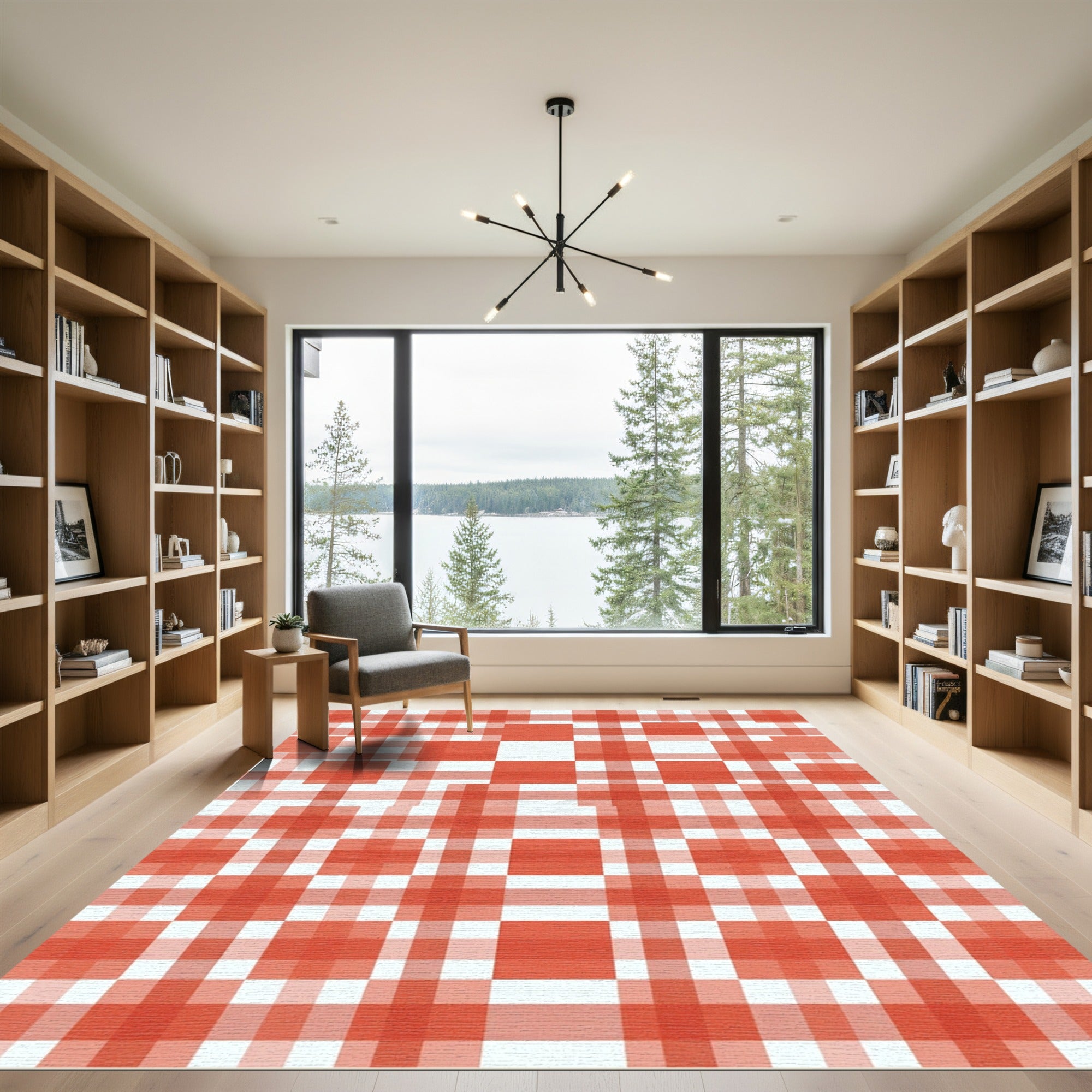 Terracotta Red Gingham Checkered Grid Rug