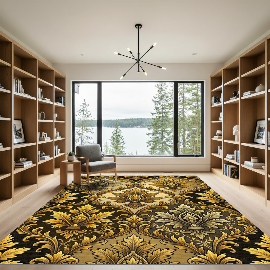 Elegant Golden Damask Leaf Scroll Rug