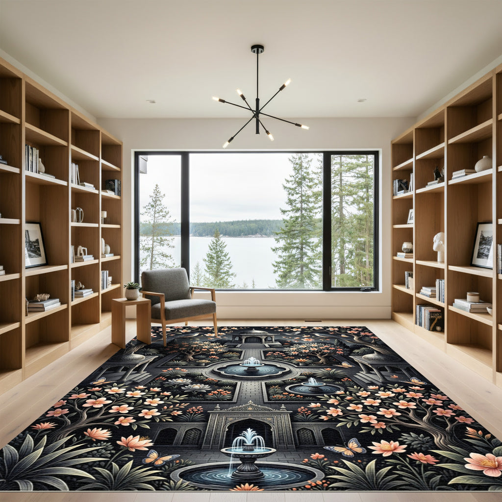 Midnight Floral Garden Butterfly Fountain Rug