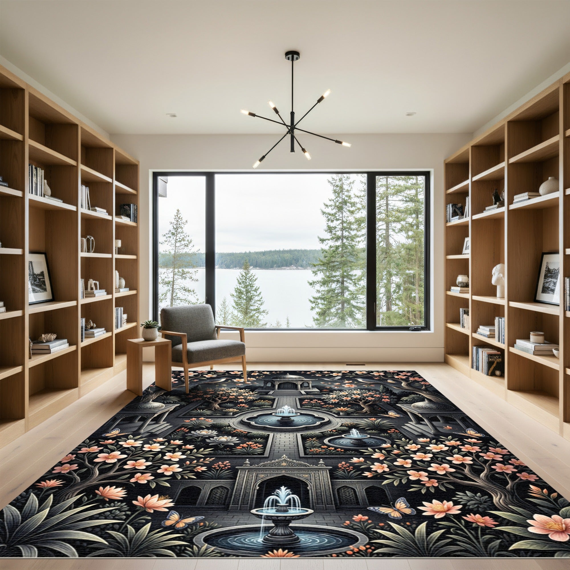 Midnight Floral Garden Butterfly Fountain Rug