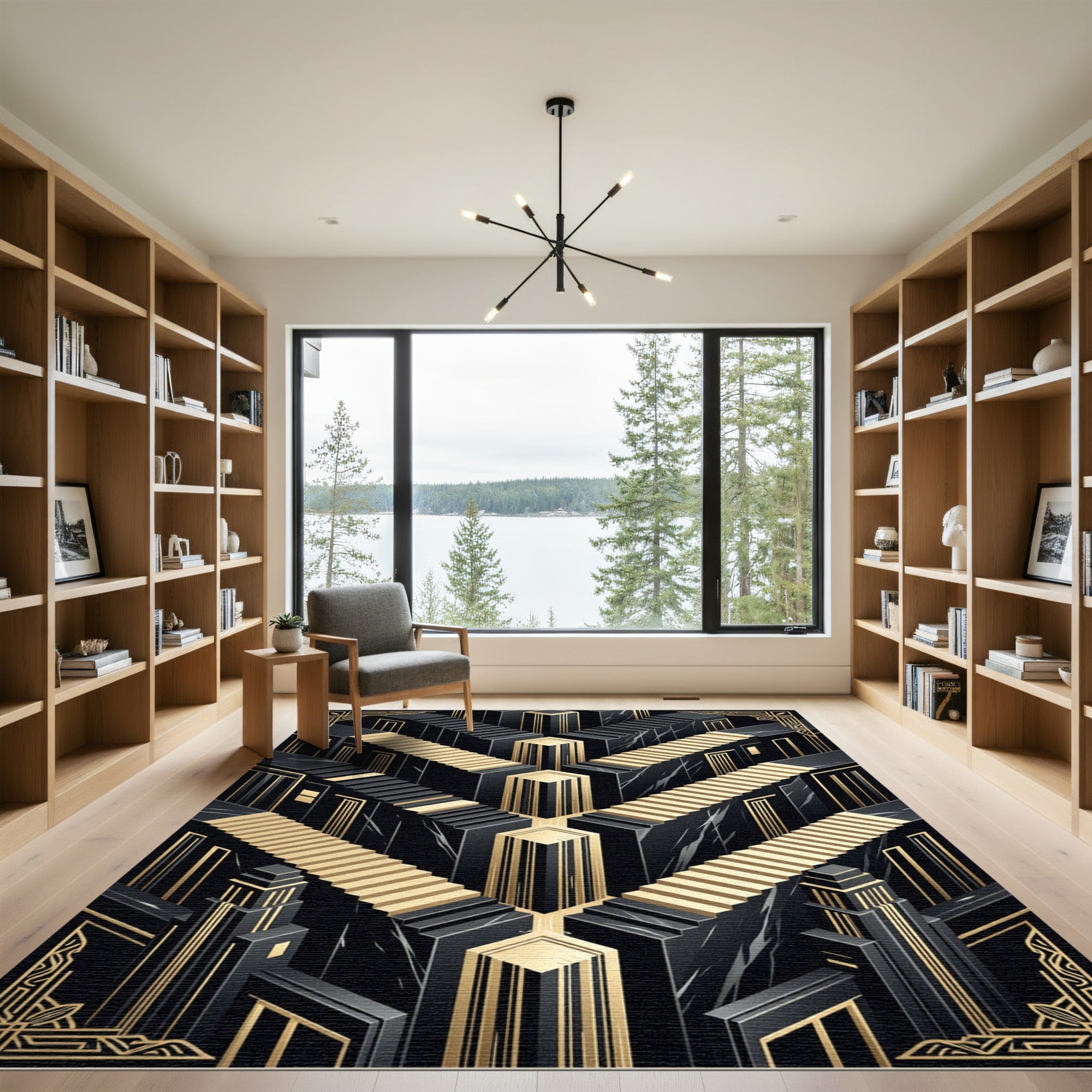 Art Deco Black Gold Geometric Staircase Rug