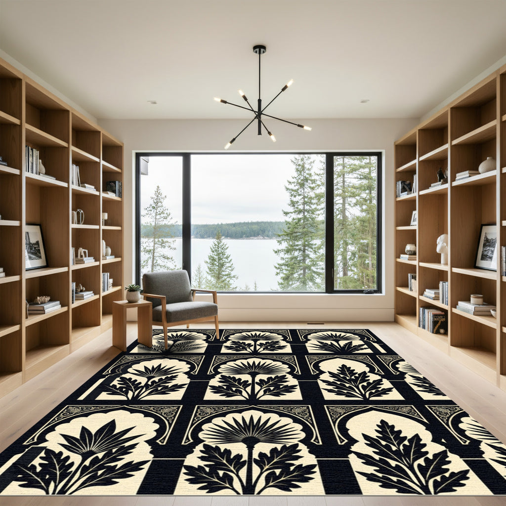 Monochromatic Botanical Archway Ink Black Cream Rug