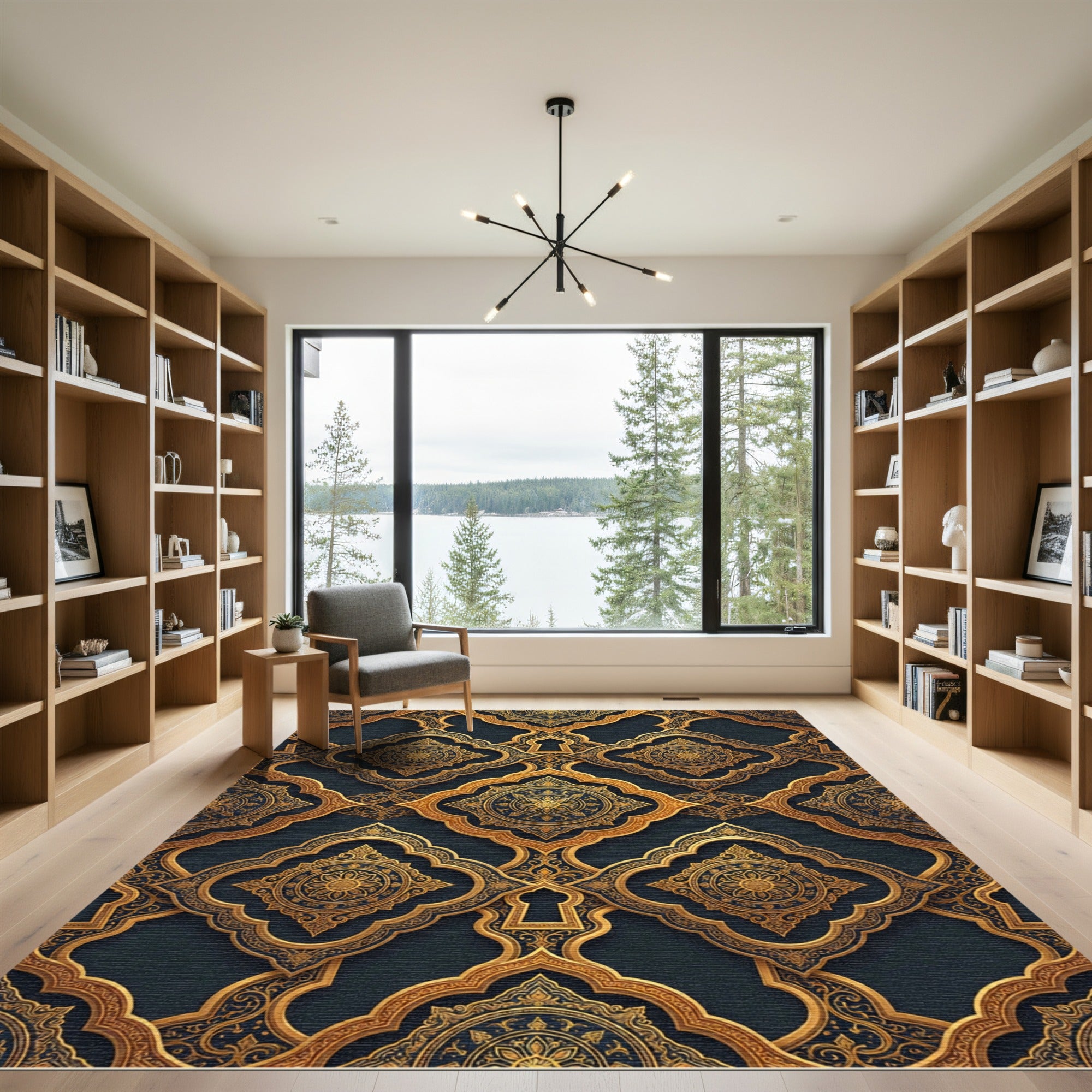 Ornate Gold Filigree Embossed Medallion Rug