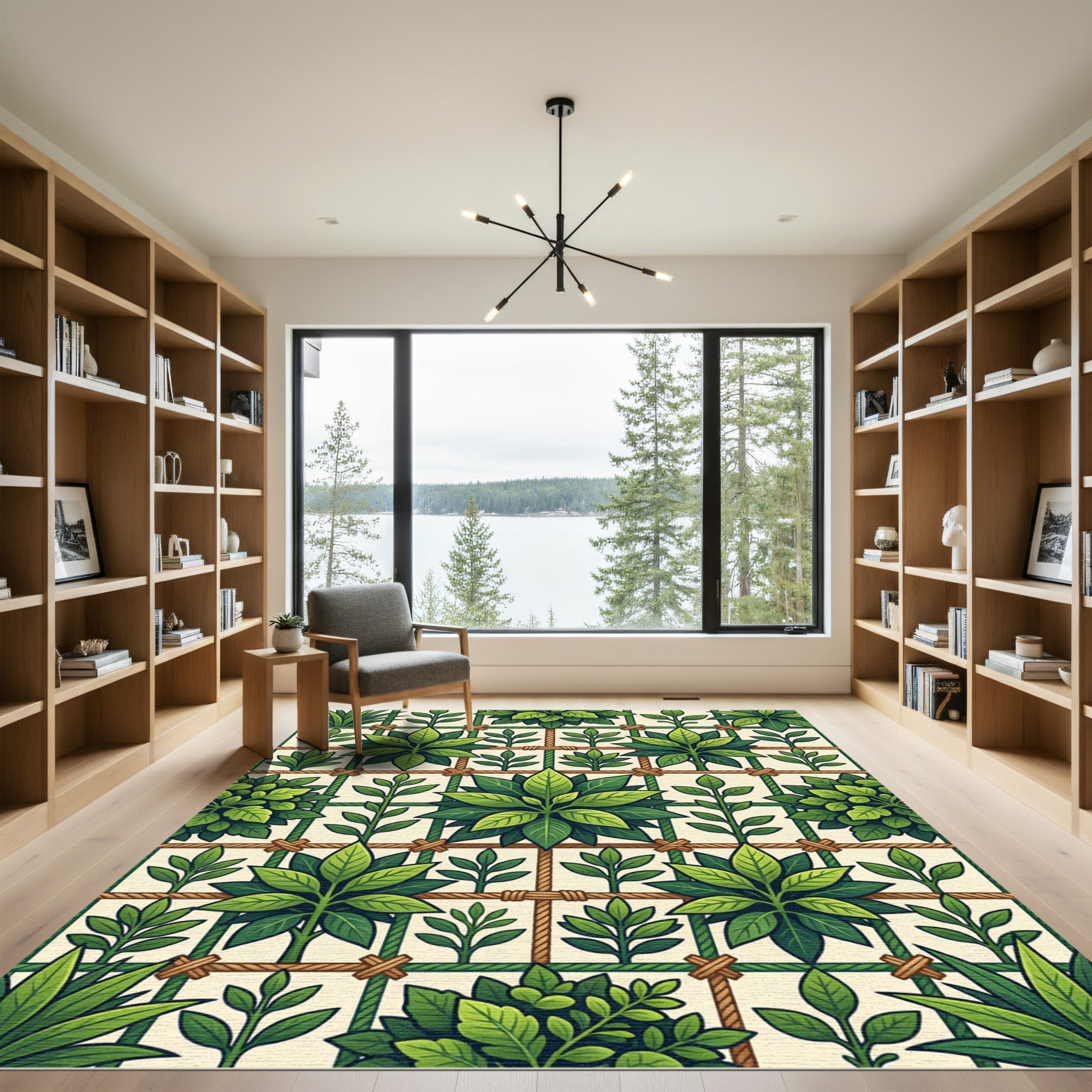 Lush Green Botanical Trellis Grid Rug