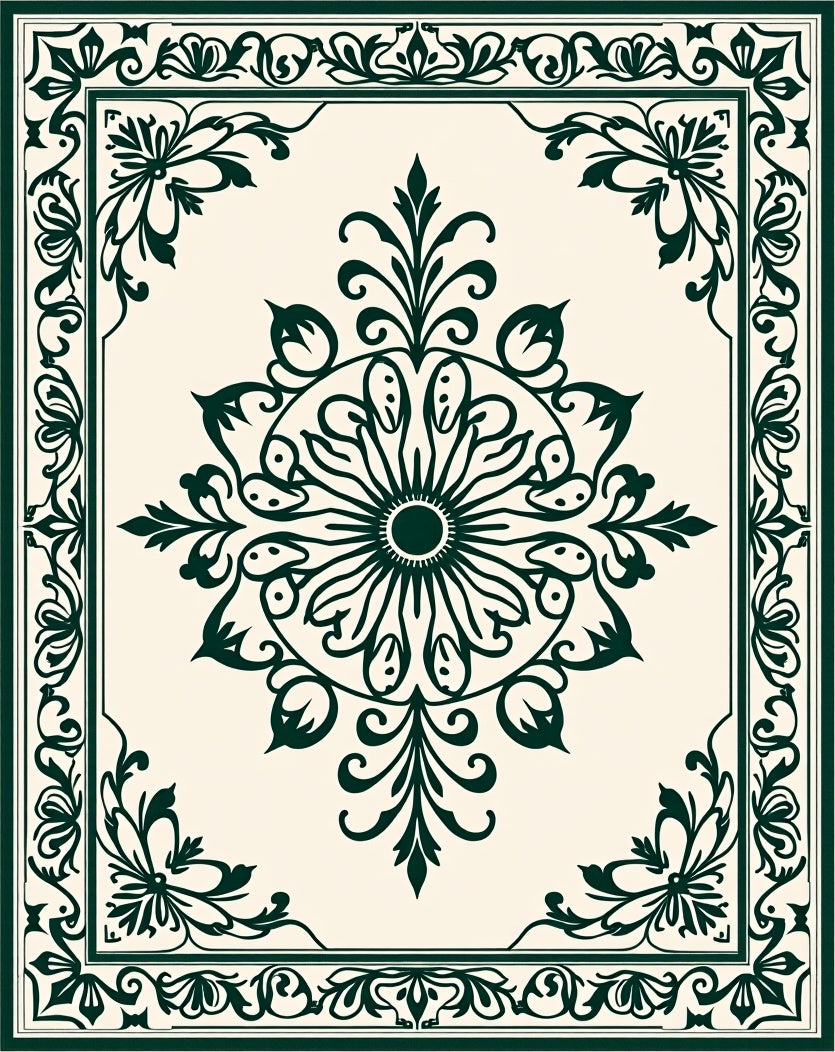 Elaborate Floral Medallion Border Design Rug