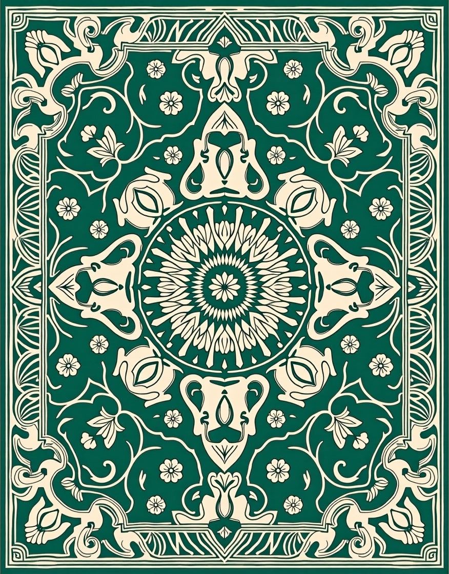 Emerald Beige Floral Mandala Pattern Rug