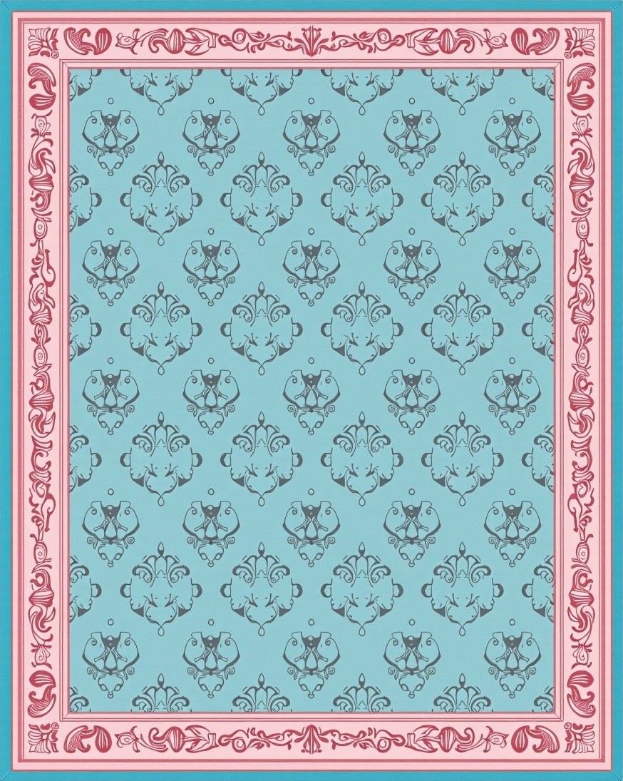 Aqua Damask Floral Border Rug