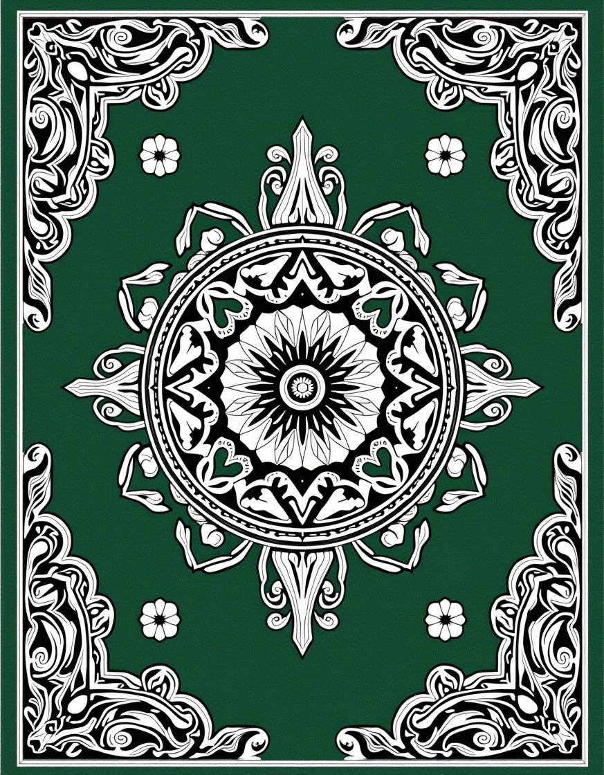 Green Floral Medallion Border Design Rug