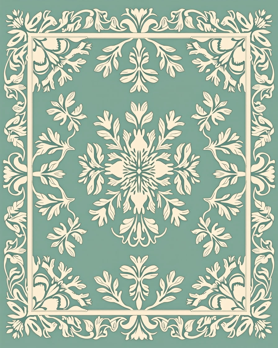 Elegant Teal Ivory Floral Border Rug