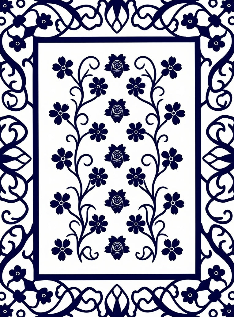 Navy Blue Floral Vine Border Rug