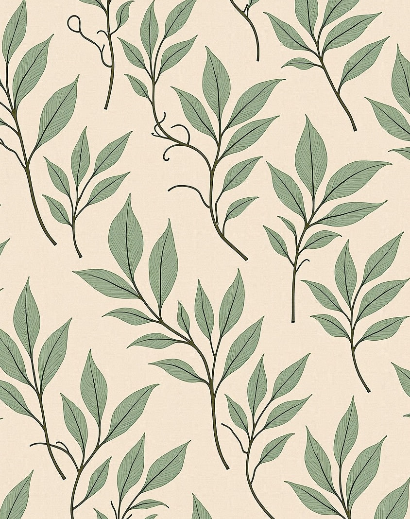 Leafy Branch Patterned Light Beige Rug