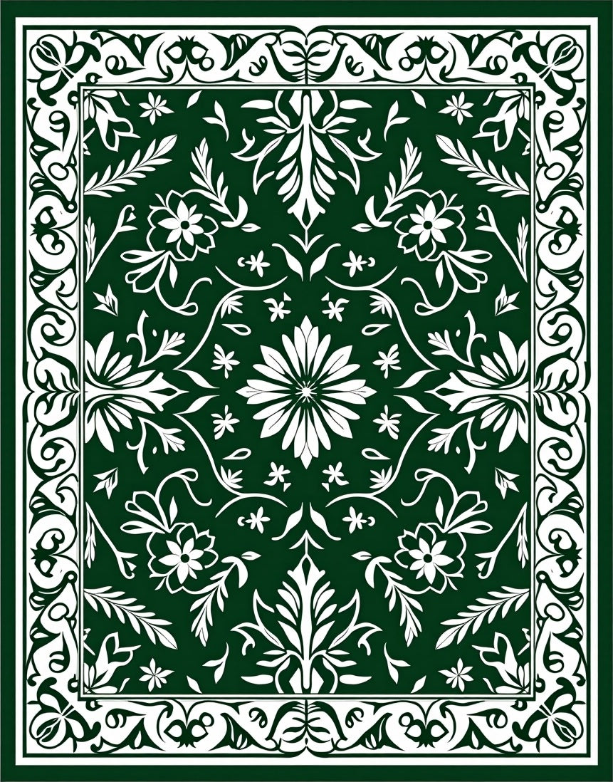 Ornate Floral Patterned Green Rug