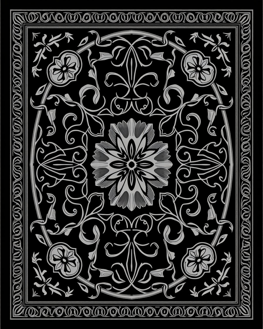 Elegant Black Floral Scrollwork Rug