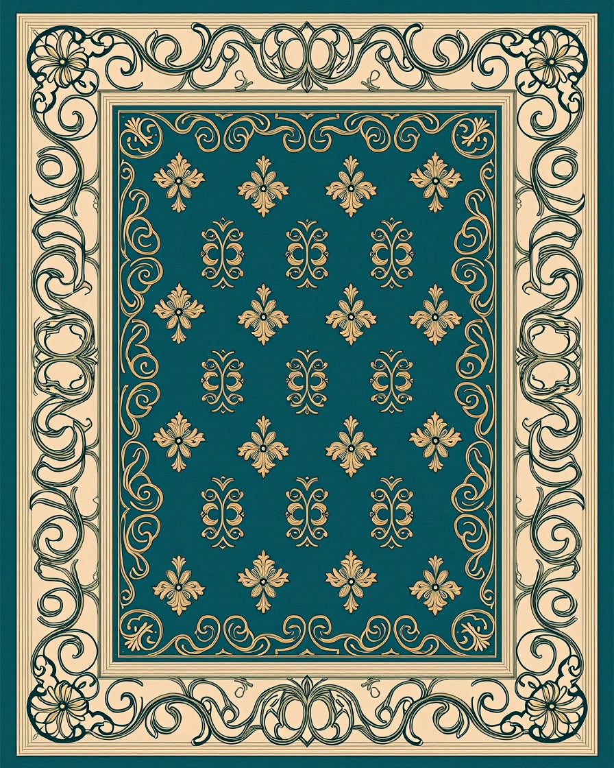 Regal Teal Floral Scroll Pattern Rug