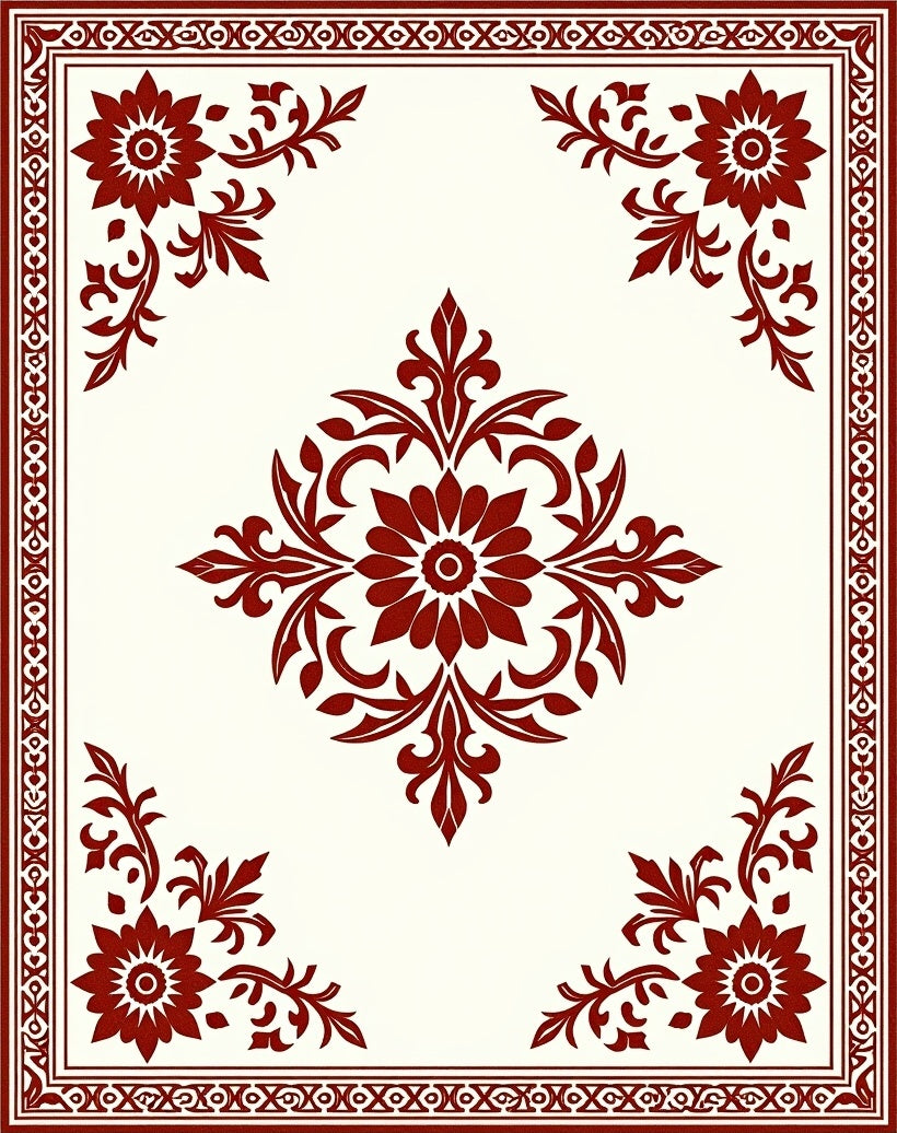 Damask Floral Crimson Border Rug