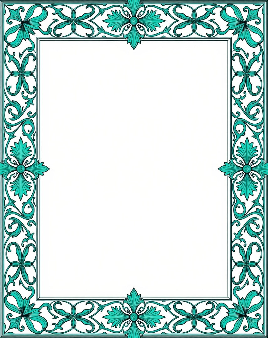 Teal Scrollwork Floral Elegant Border Rug