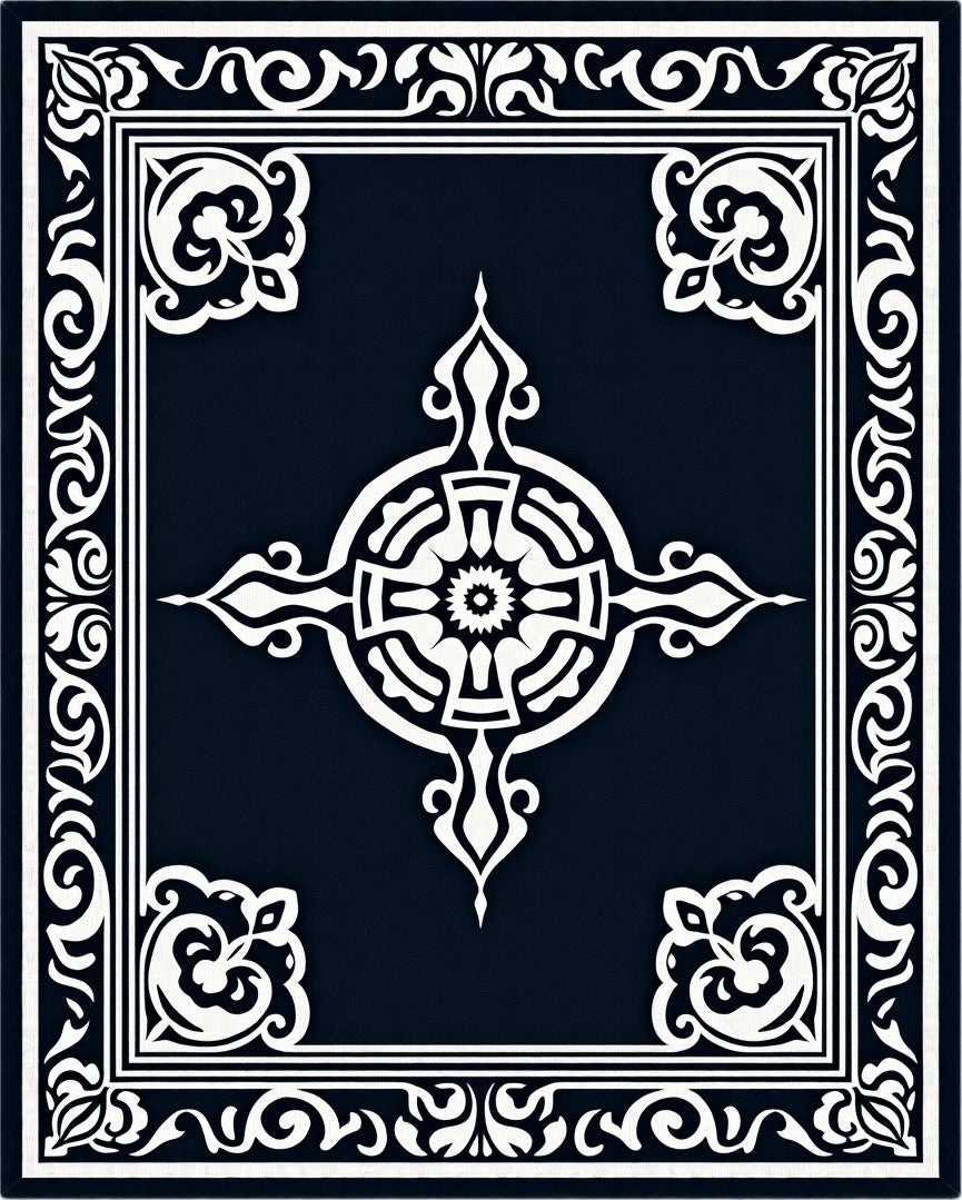 Ornate White Scroll Border Design Rug
