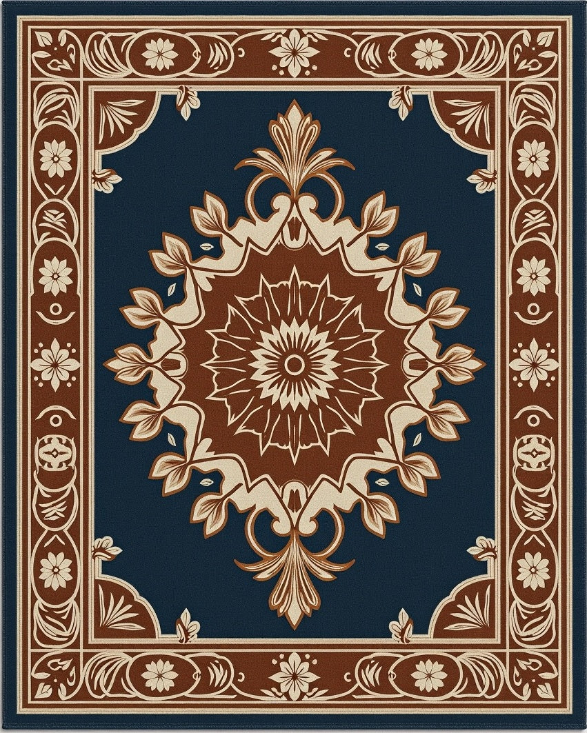 Rich Floral Medallion Dark Blue Pattern Rug