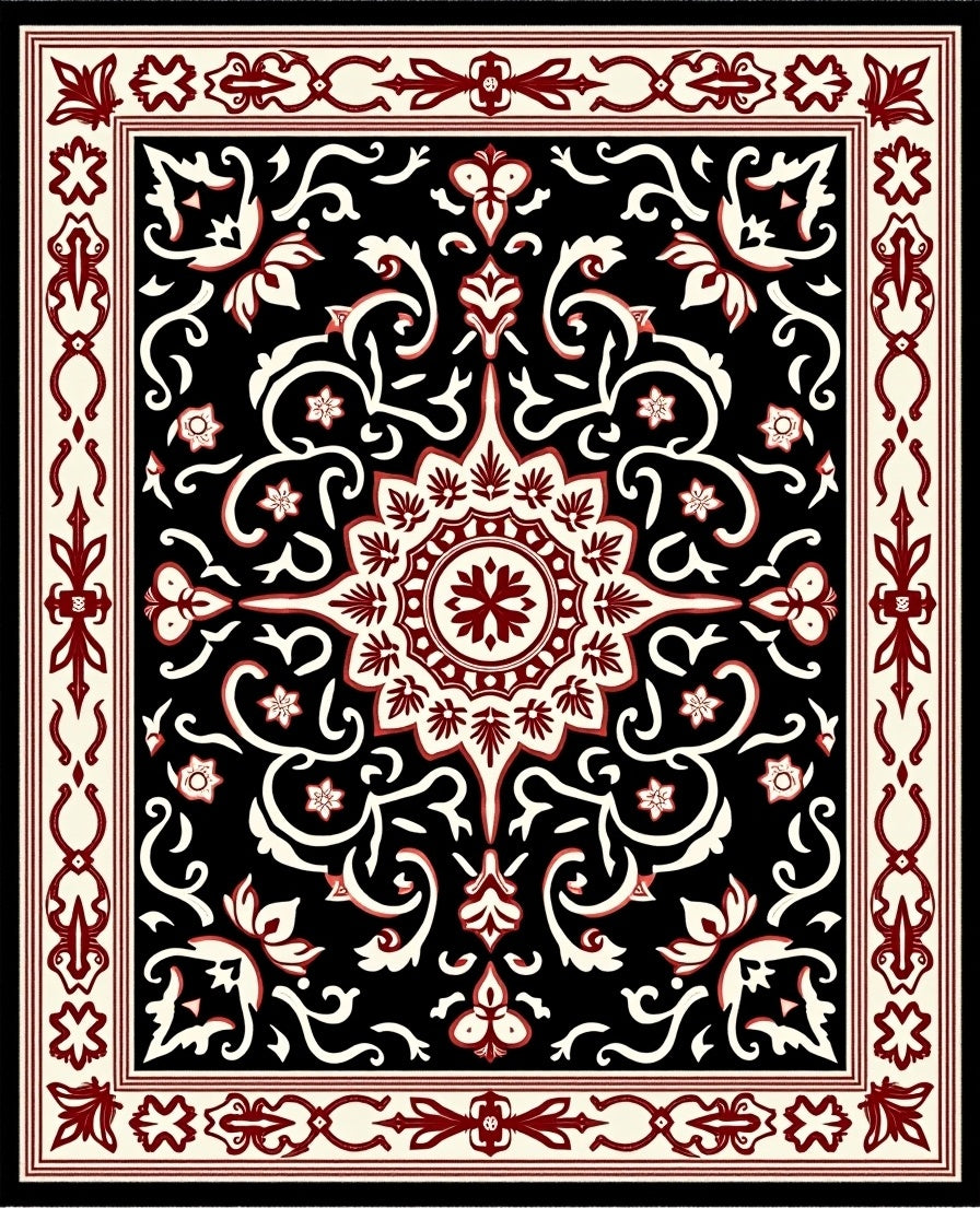 Classic Red White And Black Floral Rug