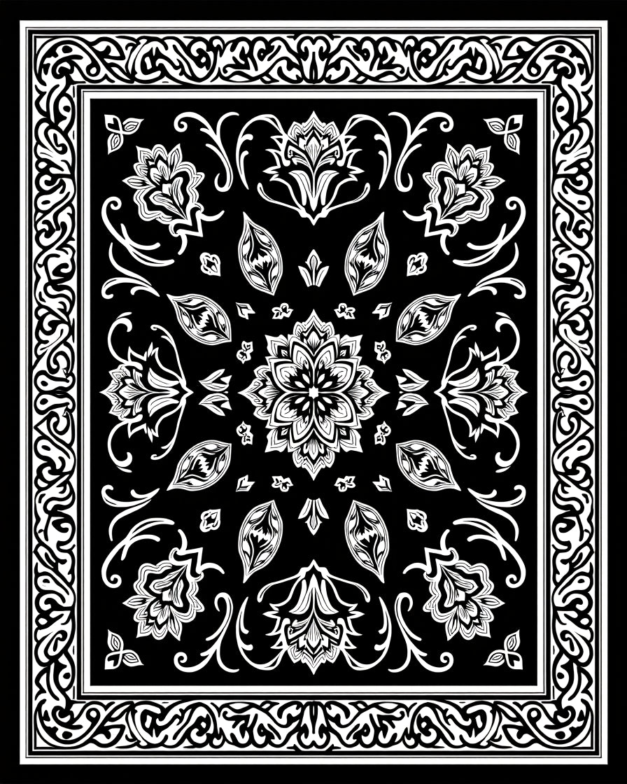 Black White Floral Paisley Border Design Rug