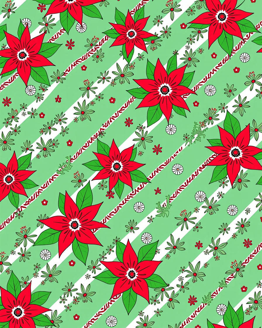 Red Poinsettia Green Stripe Floral Rug