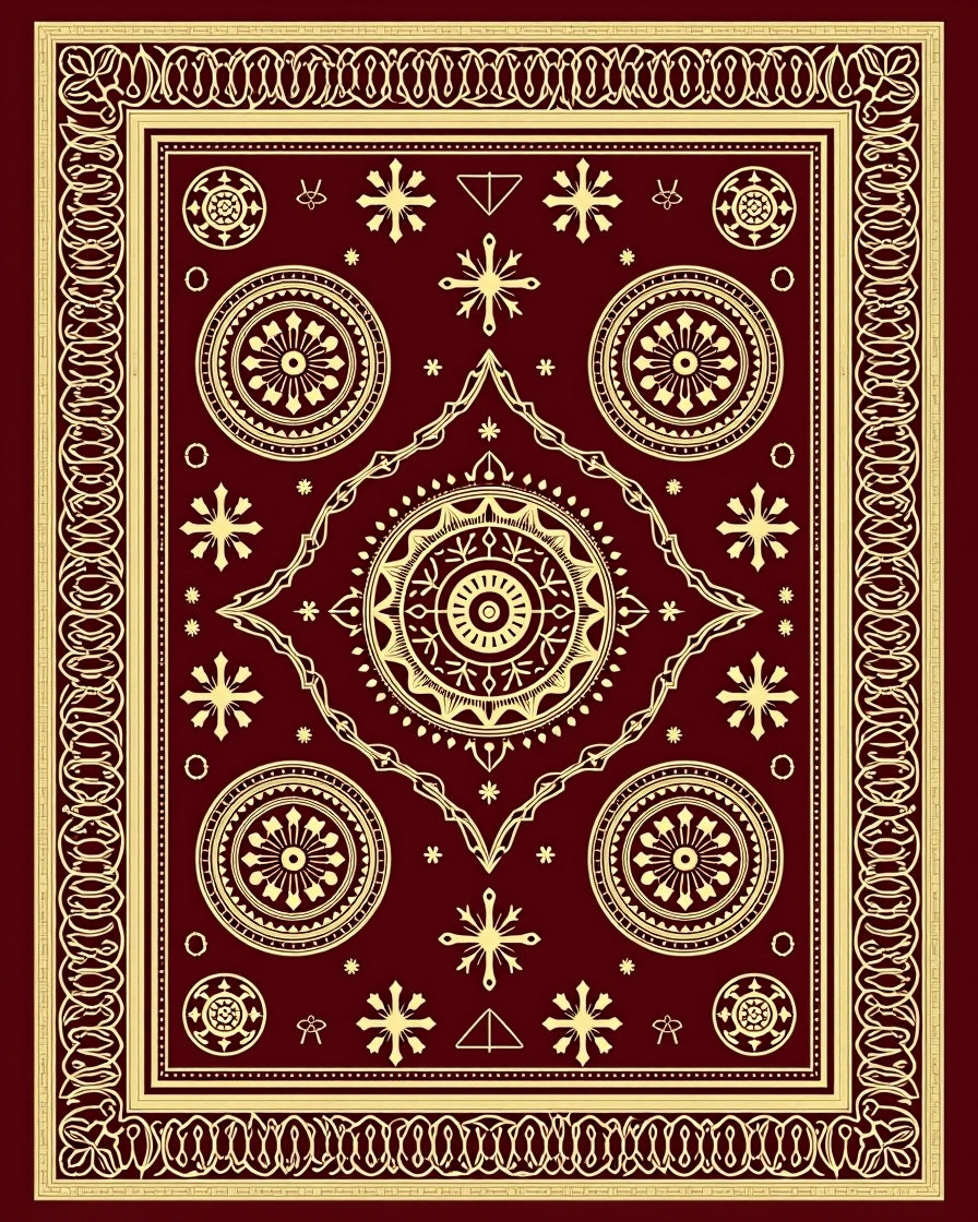 Crimson Gold Medallion Starburst Border Rug