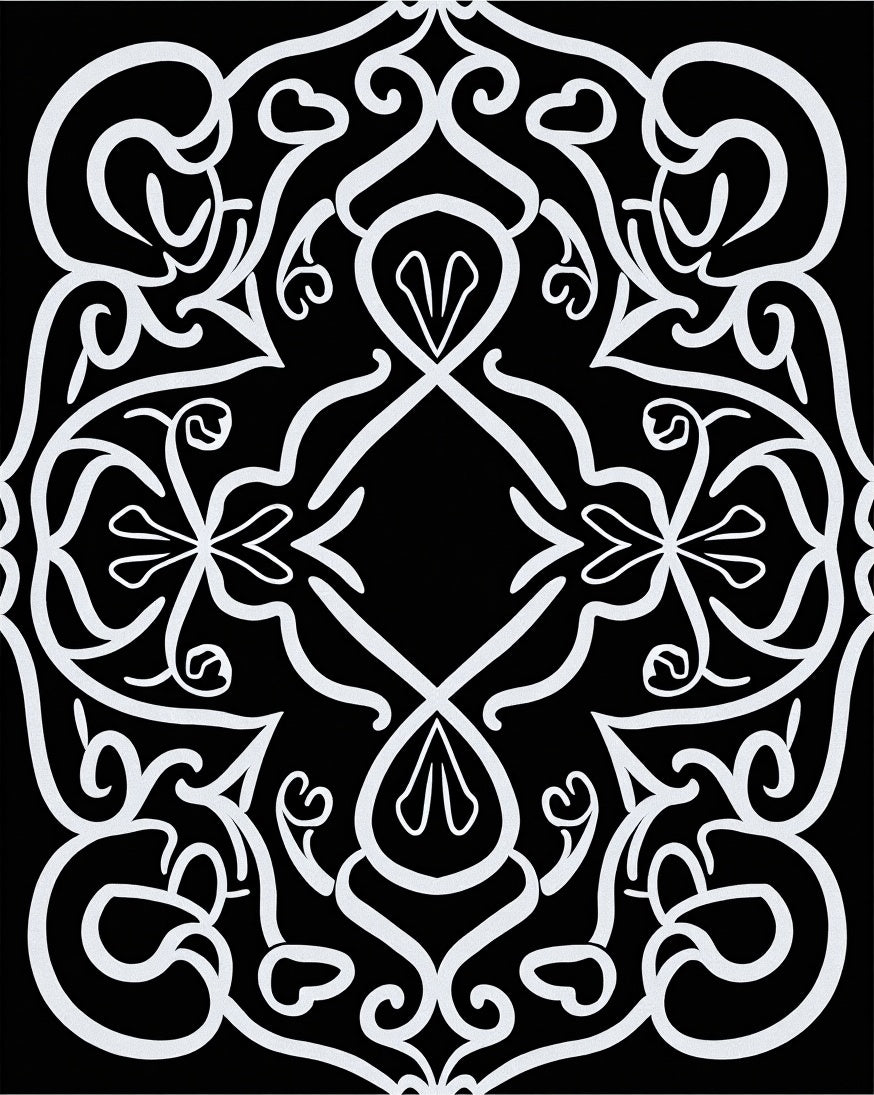 Ornate White Scrollwork Patterned Design Rug