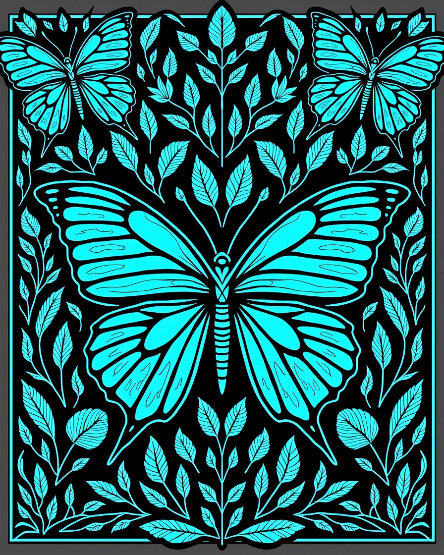 Cyan Butterfly Leaf Patterned Rug