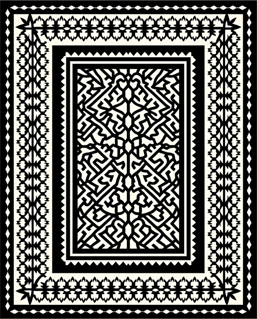 Bold Ornate Pattern Black Ivory Rug