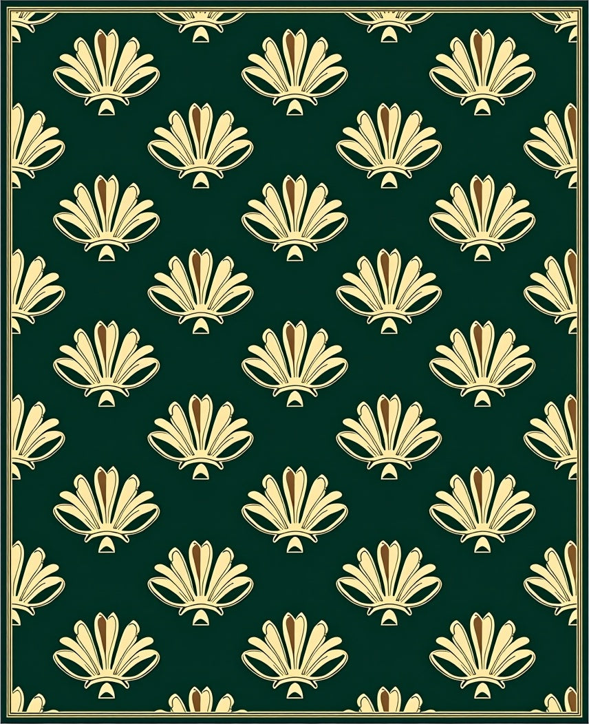 Elegant Fan Patterned Dark Teal Rug