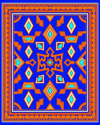 Vibrant Blue Orange Geometric Medallion Rug