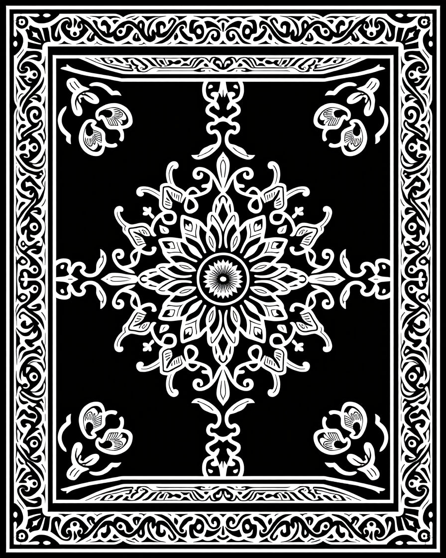 Ornate Black White Floral Mandala Rug