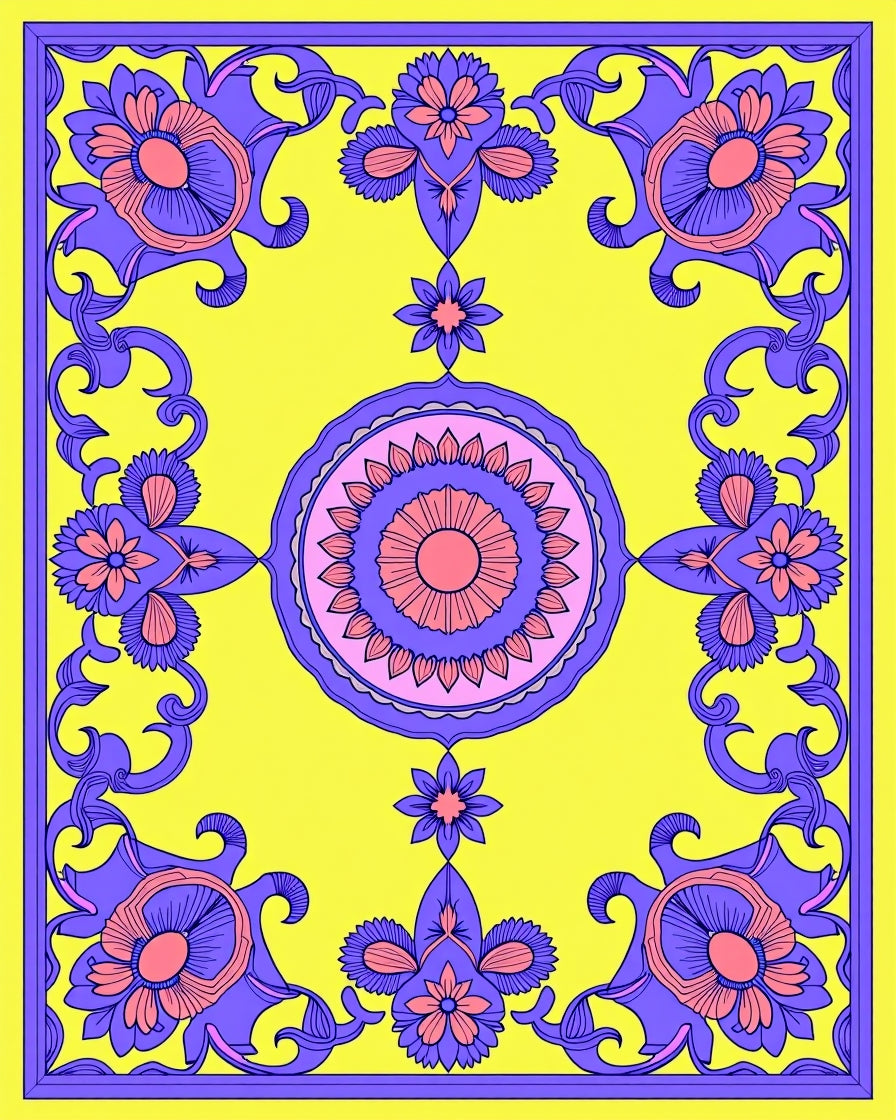 Bright Floral Medallion Border Design Rug