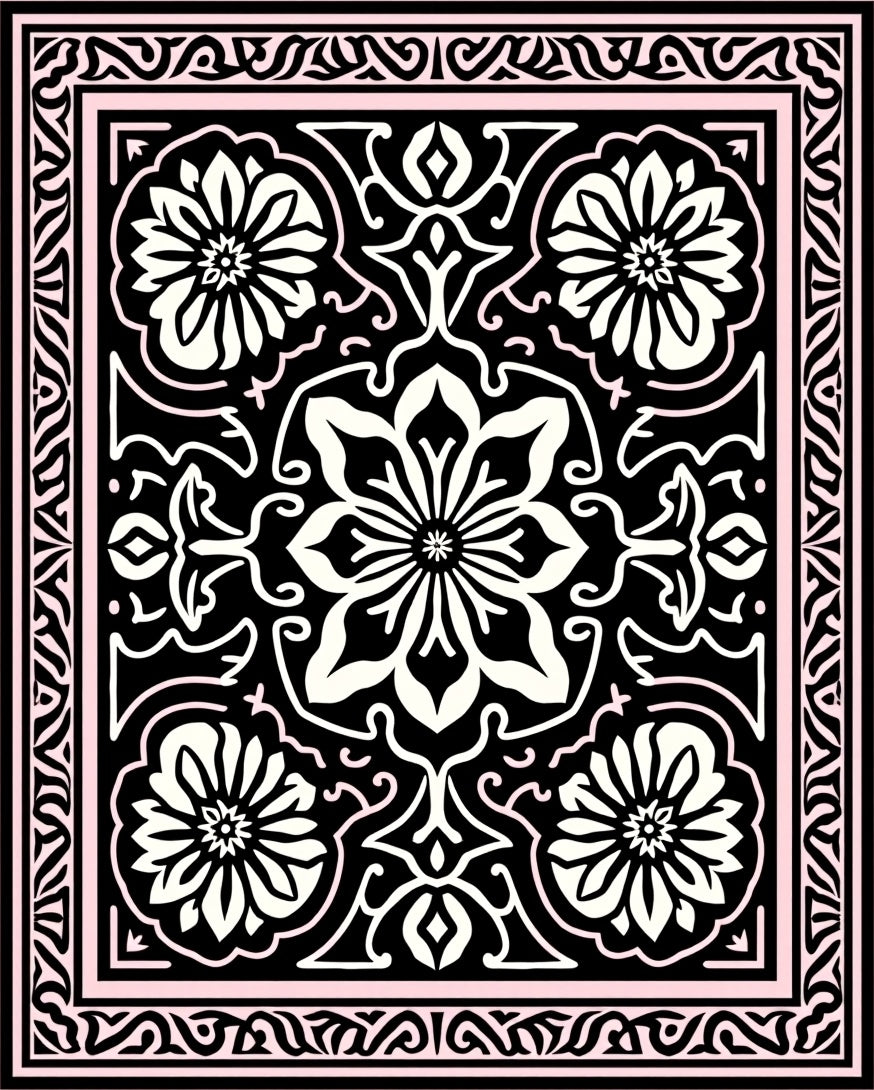 Black Floral Intricate Medallion Pattern Rug