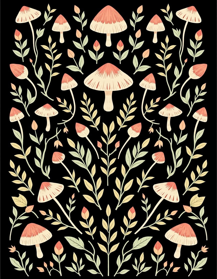 Whimsical Mushroom Leaf Pattern Rug
