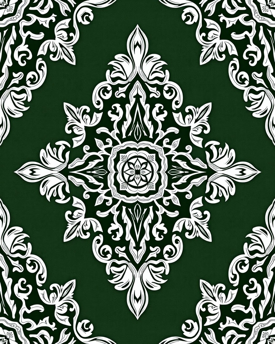 Intricate White Floral Emerald Pattern Rug