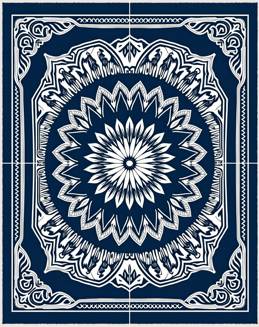 Deep Blue White Intricate Mandala Pattern Rug