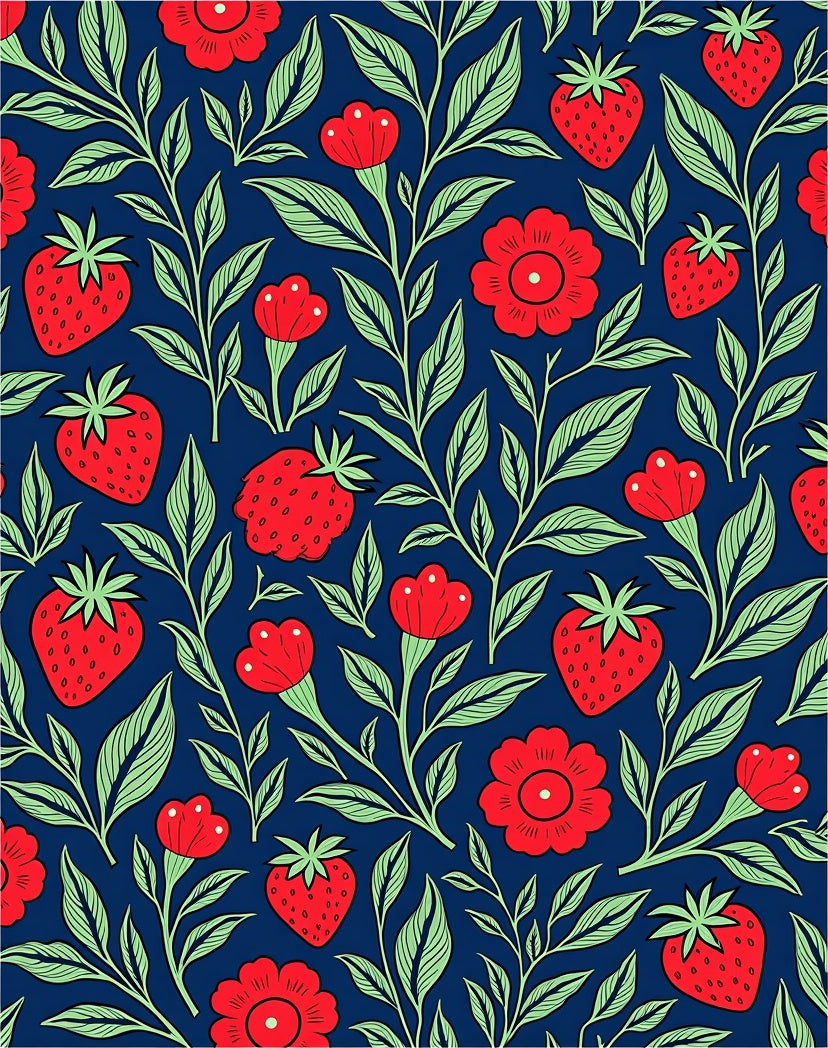 Red Strawberry Floral Vine Print Rug