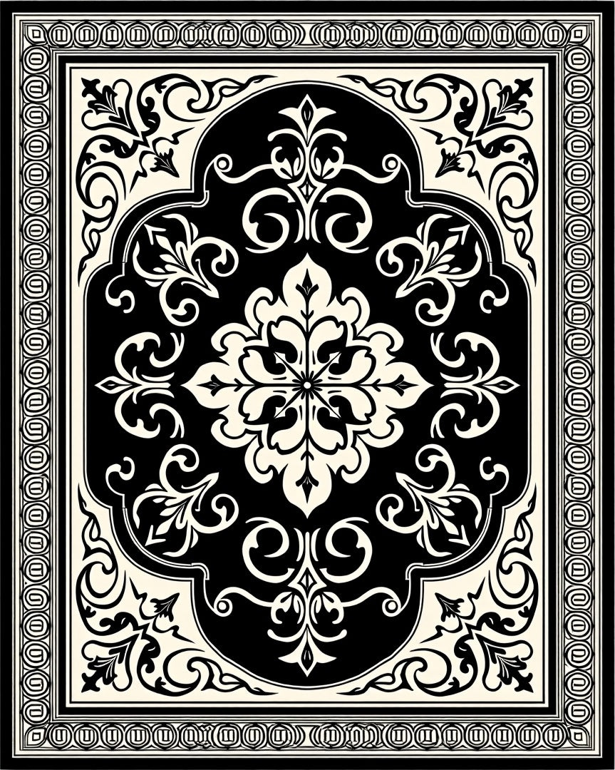 Classic Black White Floral Damask Rug